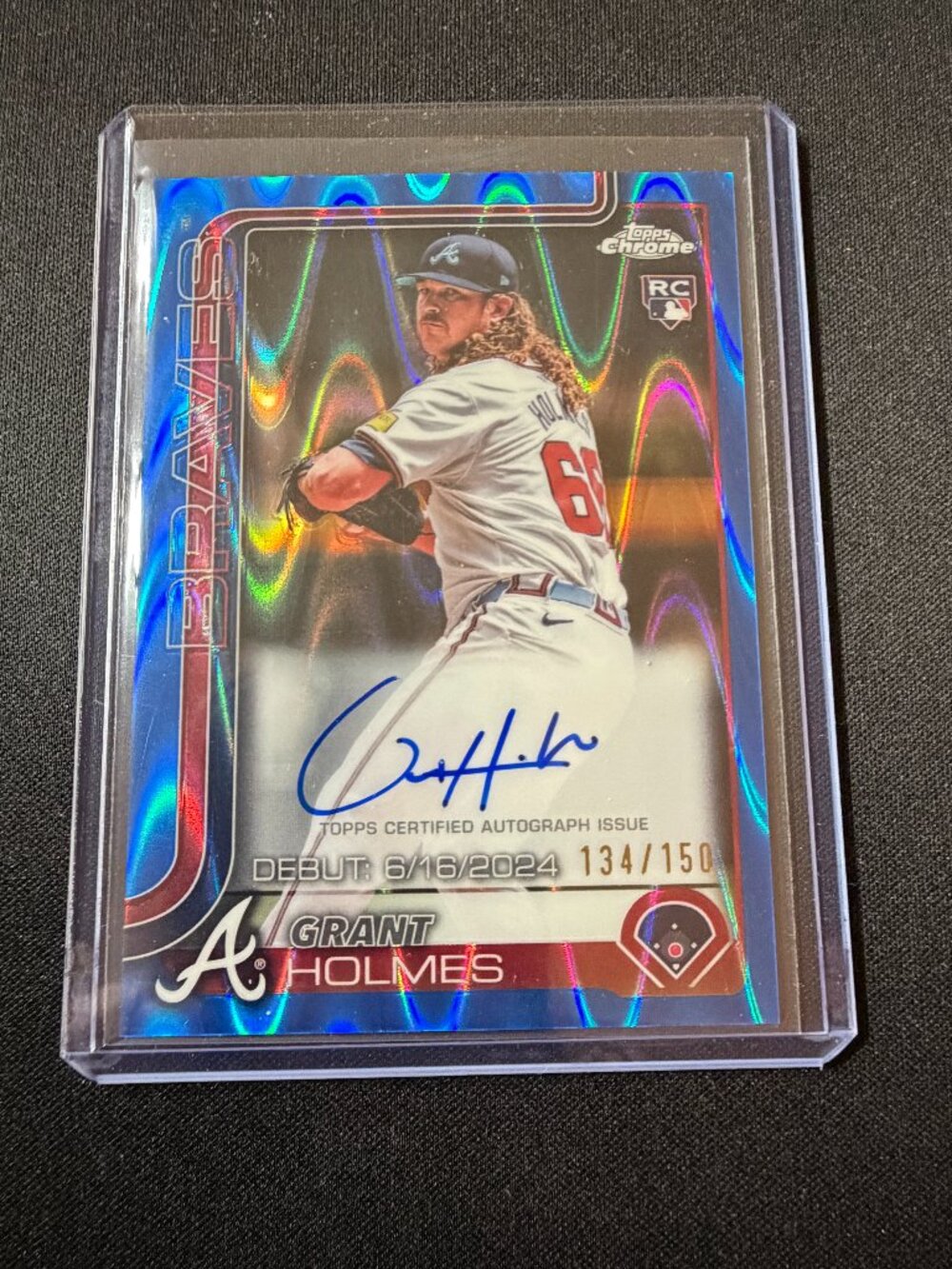 Grant Holmes 2025 Topps Chrome Update Blue RayWave Refractor Braves RC Auto /150